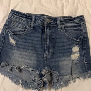 Frayed Hem Distressed Jean Shorts - Blue